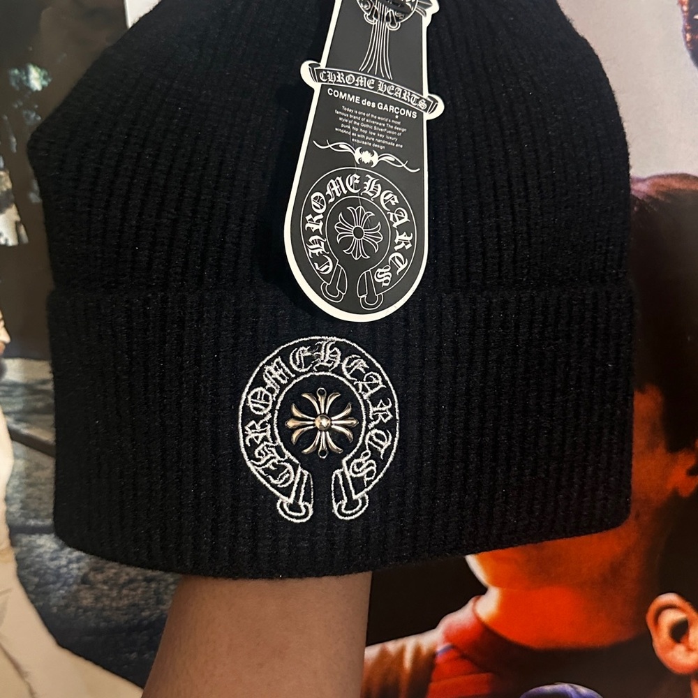Chrome Hearts Black Beanie with White Embroidered Cross Patch